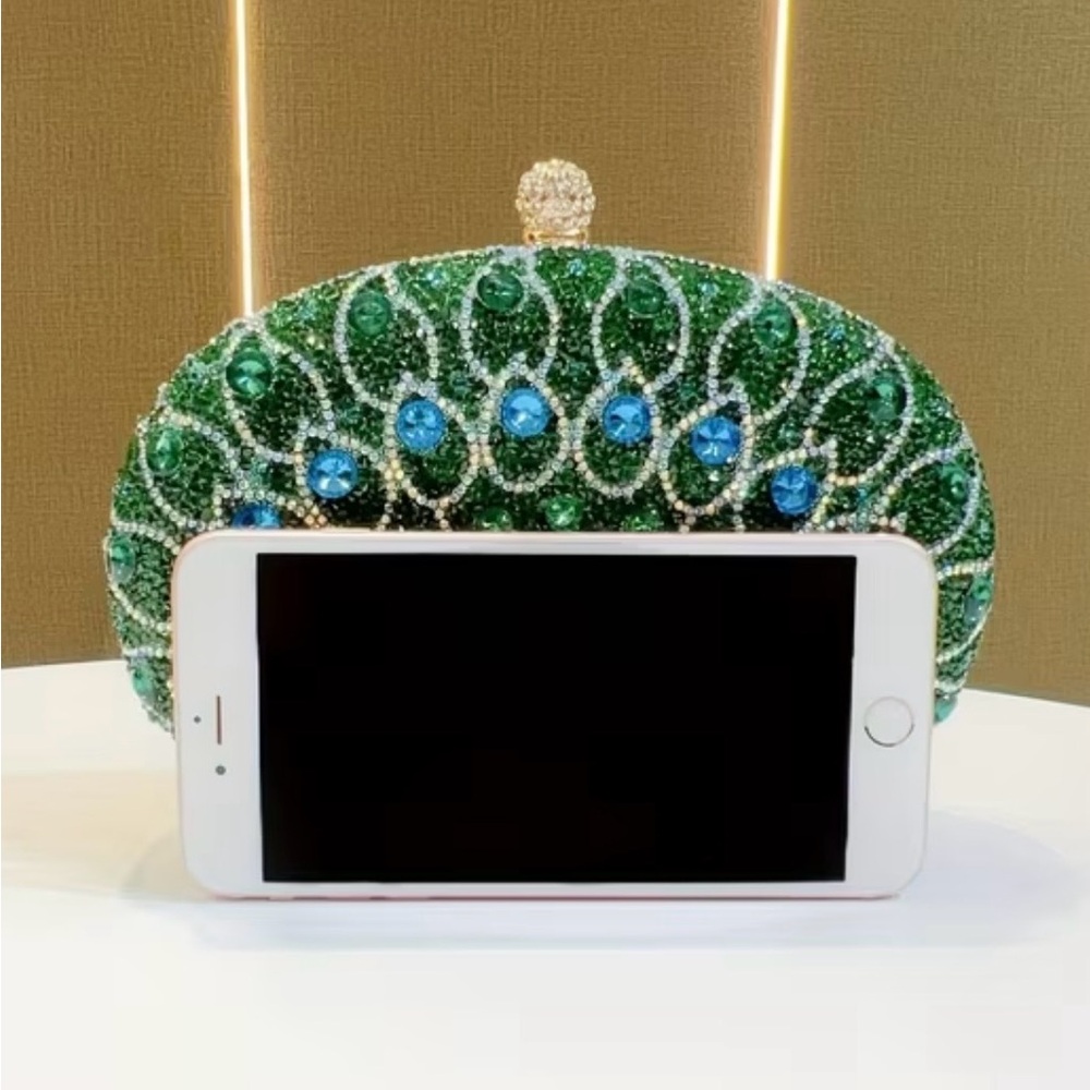 NWT Green and Blue Rhinestone Peacock Clutch - Picture 5 of 8